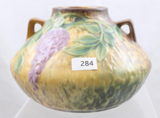 Roseville Wisteria 629-4" vase, tan, paper label