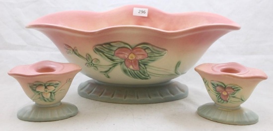 Hull Wildflower W-21-12" console bowl (very minute base nick/mostly no see) and pr. candleholders (1