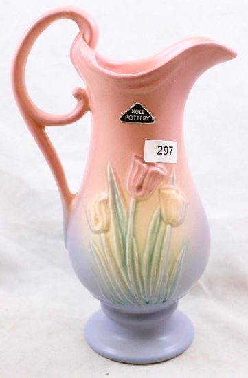 Hull Tulip 109-33-8" pitcher, pink/blue, paper label