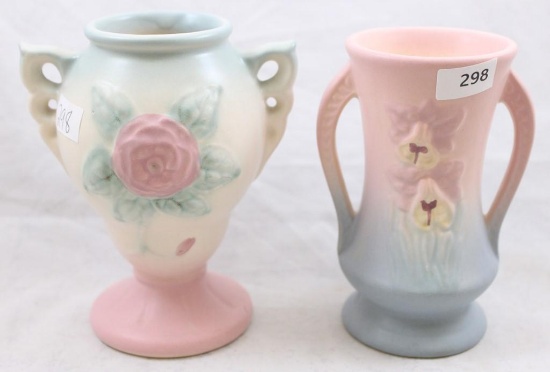 (2) Hull pottery pieces: 1-Orchid 308 4.75"h vase, pink/blue; 1-Open Rose/Camellia 131 4.75"h vase,
