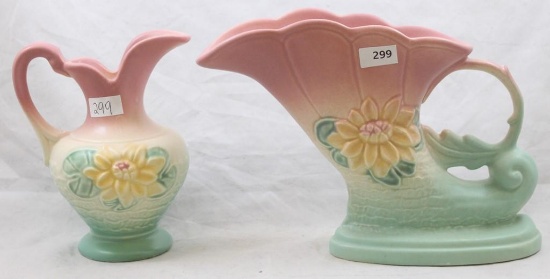 (2) Hull Water Lily pieces, pink/turquoise: 1-L-3-5.5" pitcher; 1-L-7-6.5" cornucopia