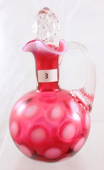 Fenton Cranberry Coin Spot 6.5" cruet w/clear applied handle and stopper (stopper has no see damage)