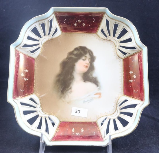 Mrkd. Thomas porcelain 8"d low bowl, "Constance" portrait with open work border