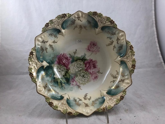 R.S. Prussia Mold 82 bowl, 10.5"d, Snowballs and pink roses, nice gold accents and stenciling, red