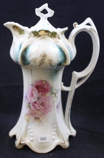 R.S. Prussia Mold 643 10"h chocolate pot, multi-colored flowers, green shading at top with nice gold