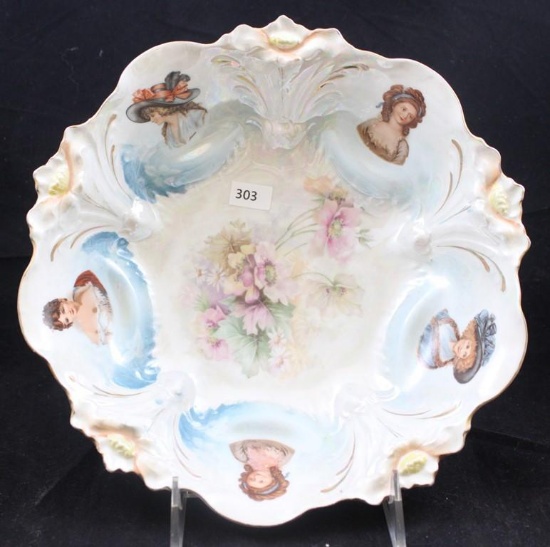 R.S. Prussia Mold 29 bowl, 9"d, center features mixed floral bouquet with 5 portraits on border