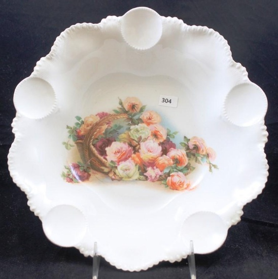R.S. Prussia Medallion Mold 14 bowl, 11"d, Sitting Basket of Flowers on white, partial red mark