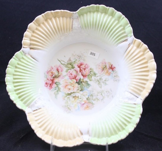 R.S. Prussia 10.5"d bowl with pleated mold, mixed flowers with alternating green and tan border