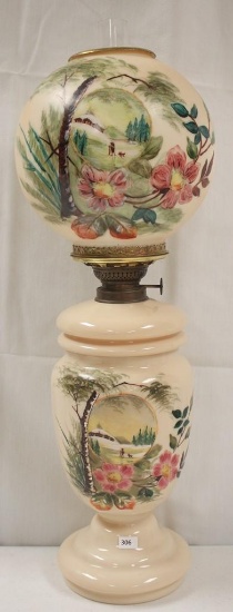 Victorian Bristol Glass scenic kerosene lamp, snow scene surrounded by pink flowers/green