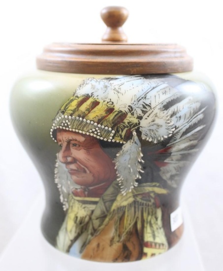 Mrkd. Nakara humidor with wooden lid, 7" tall, great Indian Chief portrait in full headdress on dark