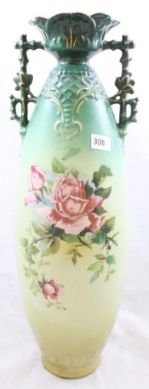 Mrkd. Austria 14.5"h dbl. handled vase, pink roses on shaded green tones
