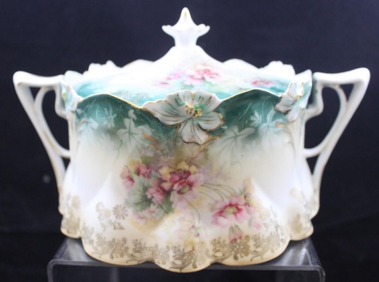 R.S. Prussia Mold 517 biscuit/cracker jar, pink flowers, shaded green tones at top, lots of nice