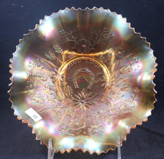 Carnival Glass Northwood "Good Luck" 8.5"d bowl, marigold
