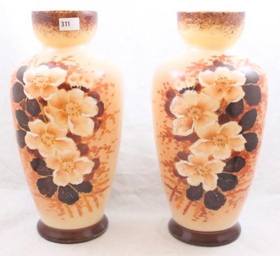 Pr. Bristol Glass 10.5"h vases, large white blossoms on peach/salmon and dark brown background