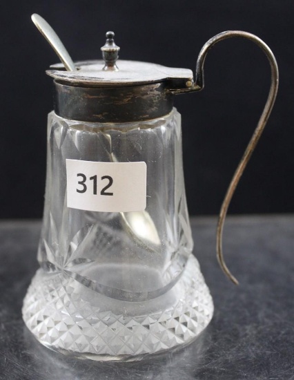 Crystal 3.25"h sugar dispenser with hinged lid and dainty spoon, lid and spoon have silver Hallmarks