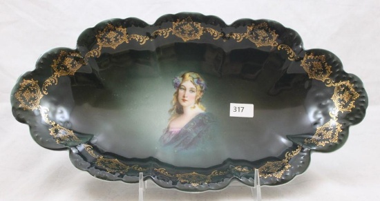 Mrkd. R.C. Bavaria 12"l x 6.5"w dark green celery tray with lady portrait, gold stenciled design on
