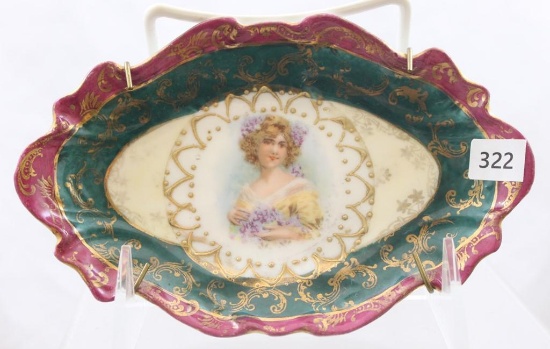 Hand Painted Porcelain 6.25"l x 4"w pin tray featuring portrait of lady adorned with lavender