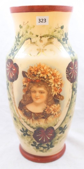 Bristol Glass 10"h vase decorated with portrait of young girl with flowers in hair
