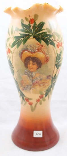 Bristol Glass 11"h vase decorated with portrait of young girl reading letter