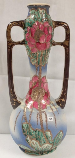 Hand Painted heavy porcelain 20" tall dbl. handle vase with stick neck, large waterlily-style