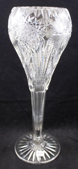 American Brilliant Cut Glass 12"h chalice vase, Flashed Star/Hobstar/Fans/Strawberry Diamond fields