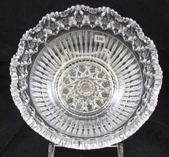American Brilliant Cut Glass 8"d x 4"h bowl, Hobstar bottom surrounded by wide band of decorative