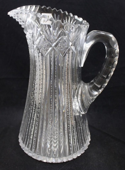 American Brilliant Cut Glass 9.5"h pitcher, notched prisms/Hobstars and Fans
