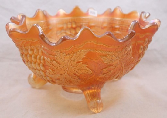 Carnival Glass Persian Medallion/Grape 10"d x 5"h footed fruit bowl, marigold