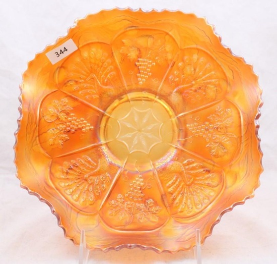 Carnival Glass Fenton Peacock and Grape/Blackberry Bramble 9" bowl, marigold with great iridescence