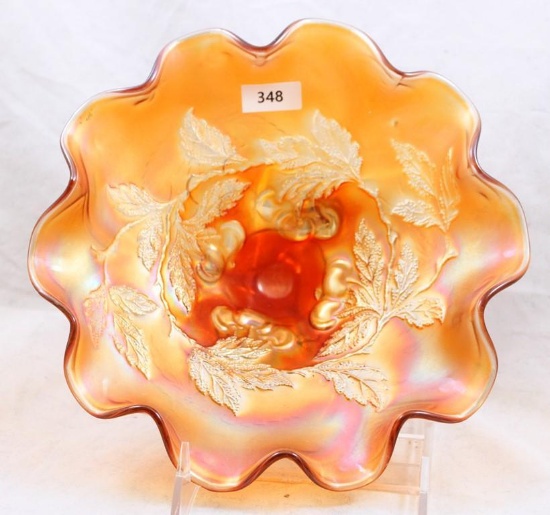 Carnival Glass Dugan Cherries 8.25"d footed candy dish bowl, marigold