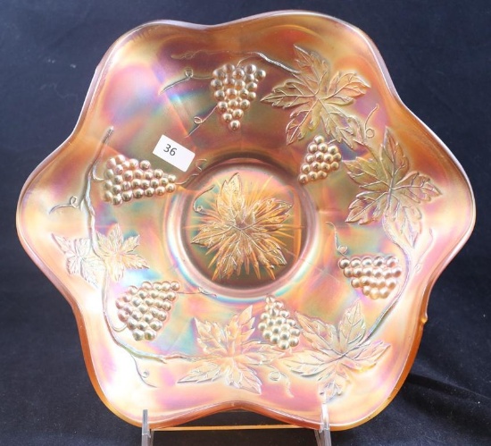 Carnival Glass Fenton Vintage Leaf 10"d lighty ruffled bowl, marigold