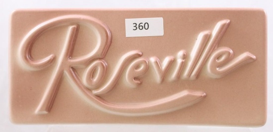 "Roseville" dealer sign, pink, 7"l x 3.25"h