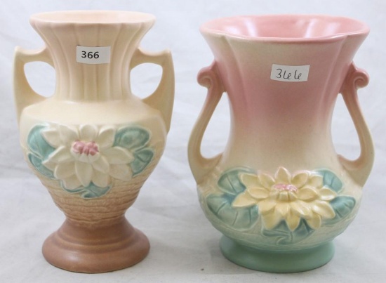 (2) Hull Water Lily pieces: L-5-6.5" vase, tan/brown; L-4-6.5" vase, pink/turquoise
