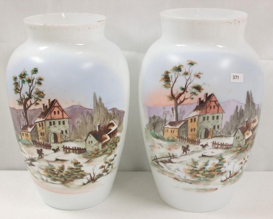 Pr. Victorian scenic Bristol Glass vases, 12.5" tall, man with knap sack trudging home in