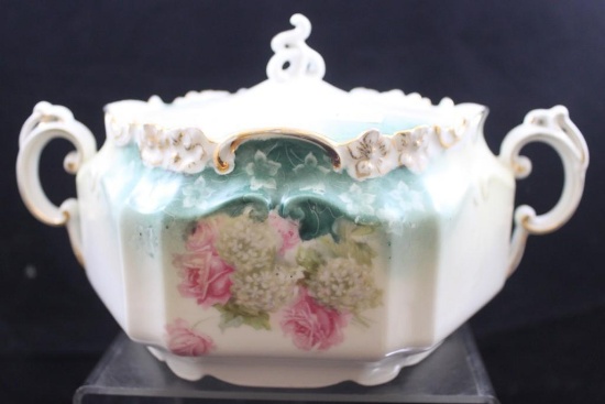 R.S. Prussia Mold 537 biscuit/cracker jar, pink roses and Snowballs/dark green shadow flowers on