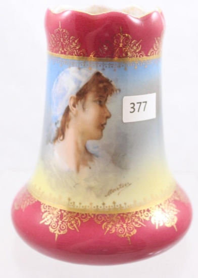 Handpainted 5"h portrait vase, Peasant woman on nice yellow and blue tones, wine top and base