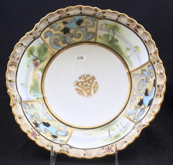 Mrkd. Nippon 9.75"d bowl, very decorative wide border with panels of Art Deco design alternating