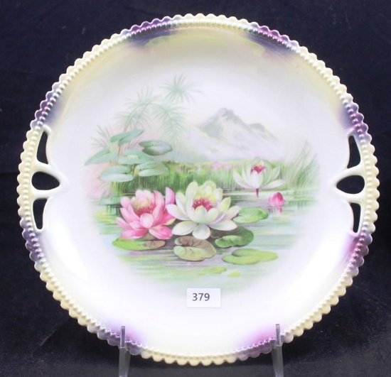 Mrkd. Silesia 9.25"d cake plate, Water Lilies on pond/mtns. in background