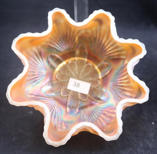 Dugan Carnival Glass Petal and Fan 5.5"d berry bowl, peach opalescent