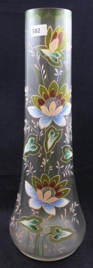Art Glass 13.5"h frosted vase decorated with enameled colorful flowers and leaves