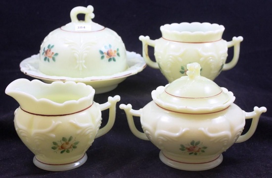 Heisey Custard Glass 4 pc. Table set in Winged Scroll pattern incl. cov. butter (under lid only