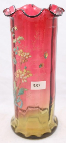 Amberina 8"h decorated vase with ruffled rim