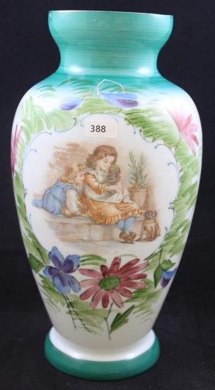 Bristol Glass 13"h vase decorated with 2 little girls and puppies surrounded by flowers
