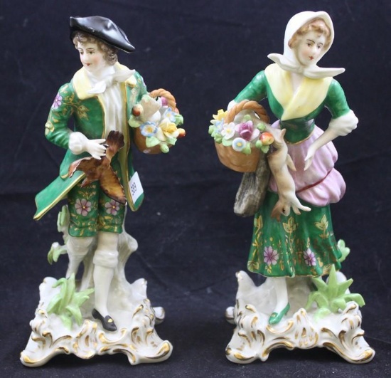 Pr. 7.5"h figurines, Victorian man and woman holding their catch of the day and baskets of flowers