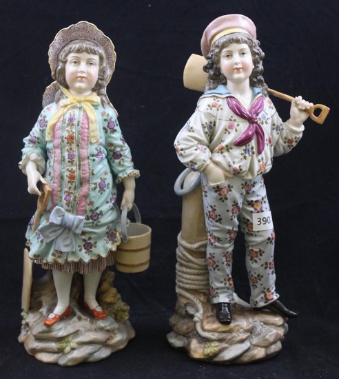 Pr. 9.5"h figurines, young couple, both holding shovels, boy standing on pier and girl carrying