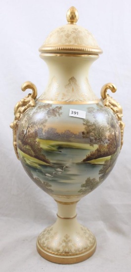Unm. 16" tall cov. Urn, has a Nippon look, Swans on Lake with nice landscape background, lots of