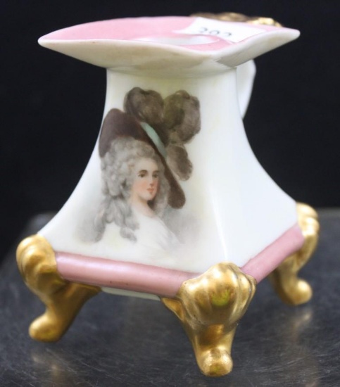 Mrkd. Austria 3"h candleholder with thumb hold, portrait on white with pink coloring and gold feet