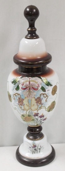 Bristol Glass 22" tall vase/urn with lid, large floral designs on white with brown shading