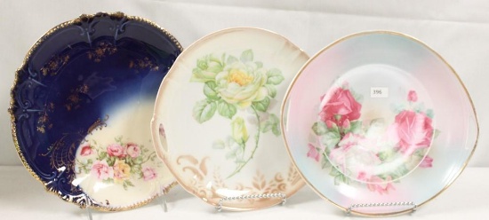 (3) Handpainted plates, all floral - 1 is cobalt, marks incl. Germany and Silesia