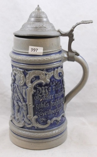 Blue and white Stoneware stein with lid, German tavern embossed scene with German phrases